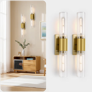 XIFEINIU Wall Sconces Set of Two - Gold Bathroom Sconces Wall Lighting with Clear Glass Wall Lighting Fixtures Mounted Lamps for Bedroom, Bathroom, Living Room, Hallway (Gold Clear)