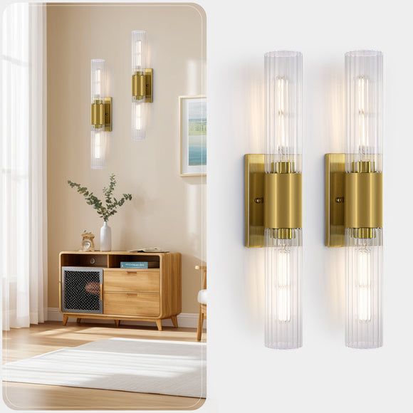 XIFEINIU Wall Sconces Set of Two - Gold Bathroom Sconces Wall Lighting with Threaded Glass Wall Lighting Fixtures Mounted Lamps for Bedroom, Bathroom, Living Room, Hallway (Gold Water Pattern)