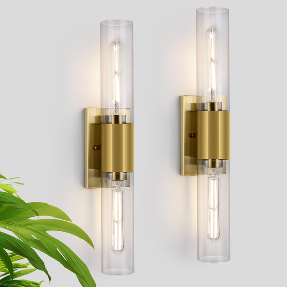 LIBOZMKO Wall Sconces Set of Two, Bathroom Sconces Wall Lighting with Clear Glass Shade 2-Light Bathroom Light Fixtures Modern Gold Vanity Light for Bedroom Bedroom Washroom Hallway Living Room