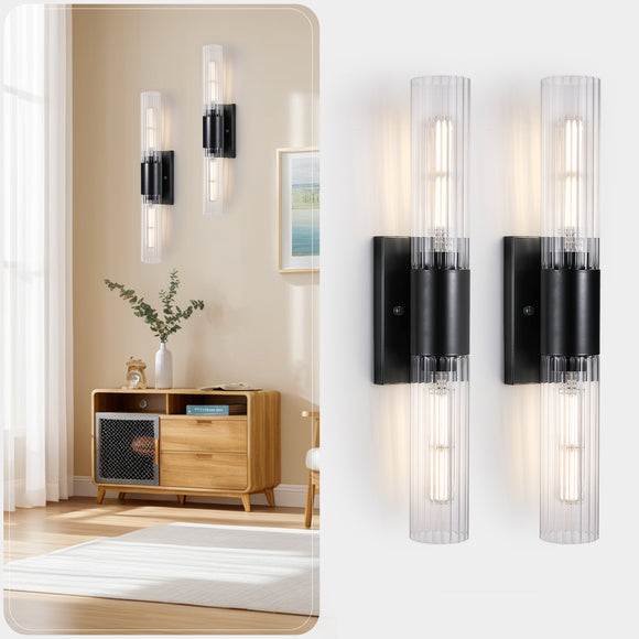 XIFEINIU Wall Sconces Set of Two - Black Bathroom Sconces Wall Lighting with Threaded Glass Wall Lighting Fixtures Mounted Lamps for Bedroom, Bathroom, Living Room, Hallway (Black Water Pattern)