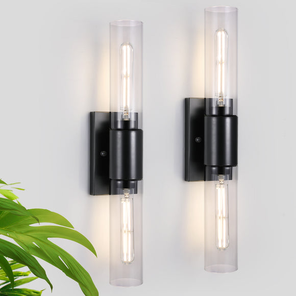 LIBOZMKO Wall Sconces Set of Two, Bathroom Sconces Wall Lighting with Clear Glass Shade 2-Light Bathroom Light Fixtures Modern Matte Black Vanity Light for Mirror Bedroom Washroom Hallway (E26 Base)