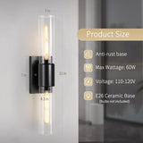 XIFEINIU Wall Sconces Set of Two - Black Bathroom Sconces Wall Lighting with Clear Glass Wall Lighting Fixtures Mounted Lamps for Bedroom, Bathroom, Living Room, Hallway (Black Clear)