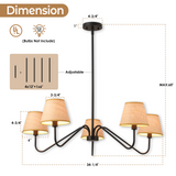 LIBOZMKO Boho Rattan Chandelier for Dining Room, 34" 5-Light Rustic Pendant Light Fixtures for Kitchen Island Adjustable Pendant Lighting Black Chandelier for Kitchen Island Dining Room Living Room
