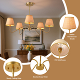 LIBOZMKO Boho Rattan Chandelier for Dining Room, 34" 5-Light Rustic Pendant Lights for Kitchen Island Adjustable Pendant Lighting Fixtures Gold Chandelier for Kitchen Island Dining Room Living Room