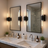 LIBOZMKO Bathroom Sconces Wall Lighting, 21" Bathroom Vanity Light Fixtures 2-Light Modern Wall Sconce with Clear Shade Black Vanity Light for Mirror Living Room Bedroom Hallway E26 T10 Bulbs(Excluded)