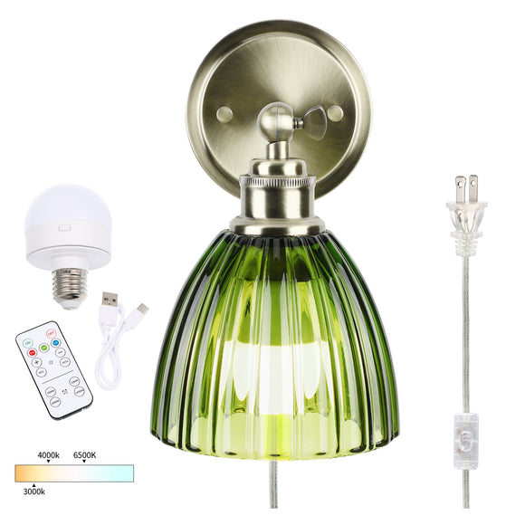 Battery Operated Wall Sconce with Remote Bulb, Plug-in or Hardwired, Rechargeable 3-Color Temperature Bulb (3000K/4000K/6500K), Vintage Green Glass Shade for Bedroom, Living Room(Oval 1-Pack)