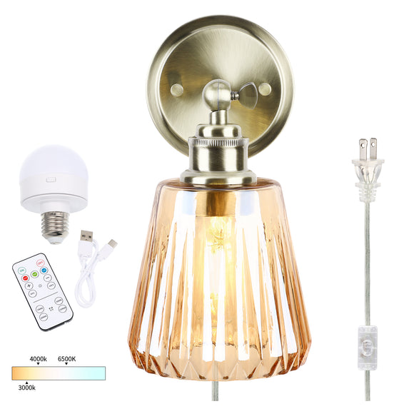 Battery Operated Wall Sconce with Remote Bulb, Plug-in or Hardwired, Rechargeable 3-Color Temperature Bulb (3000K/4000K/6500K), Vintage Amber Glass Shade for Bedroom, Living Room(Trapezoid 1-Pack)