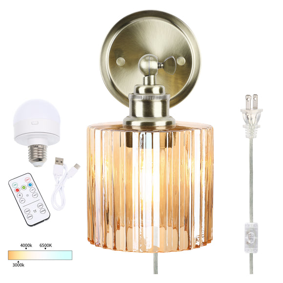 Battery Operated Wall Sconce with Remote Bulb, Plug-in or Hardwired, Rechargeable 3-Color Temperature Bulb (3000K/4000K/6500K), Vintage Amber Glass Shade for Bedroom, Living Room(Cylinder 1-Pack)
