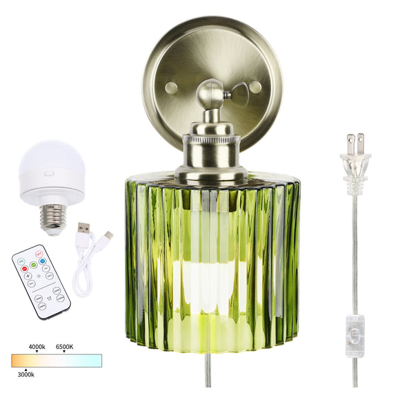 Battery Operated Wall Sconce with Remote Bulb, Plug-in or Hardwired, Rechargeable 3-Color Temperature Bulb (3000K/4000K/6500K), Vintage Green Glass Shade for Bedroom, Living Room(Cylinder 1-Pack)