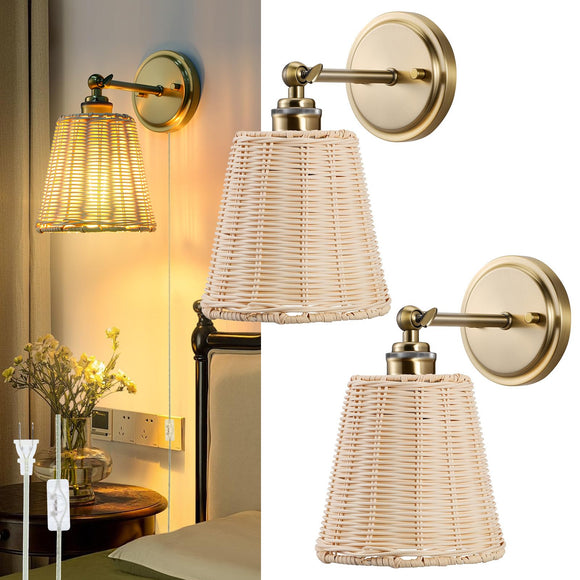 XIFEINIU Wall Sconces Set of Two - Handmade Boho Rattan Wall Sconces Indoor Wood Wicker Mounted Lamps for Kitchen Island Living Room Restaurant (2 Pack)