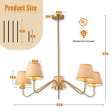 XIFEINIU 34" Rattan Chandelier - 5 Lights Boho Rustic Industrial Pendant Light Handmade Ceiling Hanging Lamp Large Modern Pendant Light Fixtures for Dining Room, Kitchen Island, Foyer, Living Room (Gold)