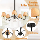XIFEINIU 34" Rattan Chandelier - 5 Lights Boho Rustic Industrial Pendant Light Handmade Ceiling Hanging Lamp Large Modern Pendant Light Fixtures for Dining Room, Kitchen Island, Foyer, Living Room (Black)