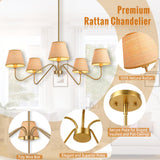 XIFEINIU 34" Rattan Chandelier - 5 Lights Boho Rustic Industrial Pendant Light Handmade Ceiling Hanging Lamp Large Modern Pendant Light Fixtures for Dining Room, Kitchen Island, Foyer, Living Room (Gold)