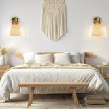 XIFEINIU Wall Sconces Set of Two - Handmade Boho Rattan Wall Sconces Indoor Wood Wicker Mounted Lamps for Kitchen Island Living Room Restaurant (2 Pack)