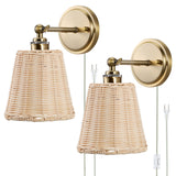 XIFEINIU Wall Sconces Set of Two - Handmade Boho Rattan Wall Sconces Indoor Wood Wicker Mounted Lamps for Kitchen Island Living Room Restaurant (2 Pack)