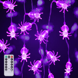 XIFEINIU Halloween Purple Spider String Lights with Remote Controller, 30 LEDs Battery Operated Waterproof Spider Lights with 8 Lighting Modes for Halloween Party Indoor Outdoor Garden Yard Decorations