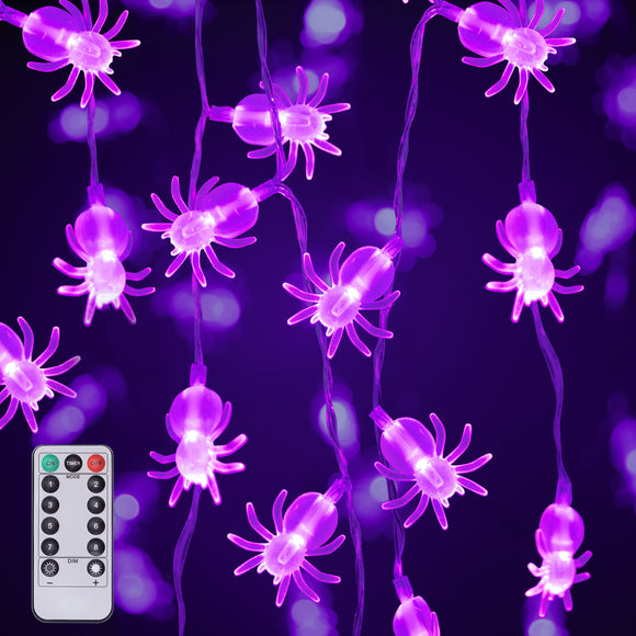 XIFEINIU Halloween Purple Spider String Lights with Remote Controller, 30 LEDs Battery Operated Waterproof Spider Lights with 8 Lighting Modes for Halloween Party Indoor Outdoor Garden Yard Decorations