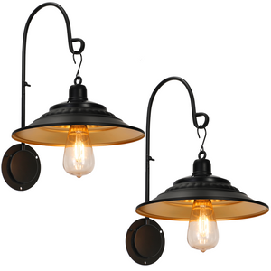 Solar Barn Lights Outdoor 2PCS, Wall Mount Farmhouse Gooseneck Rustic Vintage Black Barn Light, Waterproof Metal Wall Lights with Contrast Color Interior for Shed Patio Garden Porch Garage Entryway
