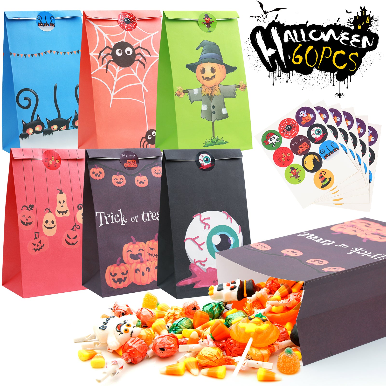 XIFEINIU 60 PCS Halloween Treat Bags, 6 Assorted Designs Paper Trick o –  Flyox