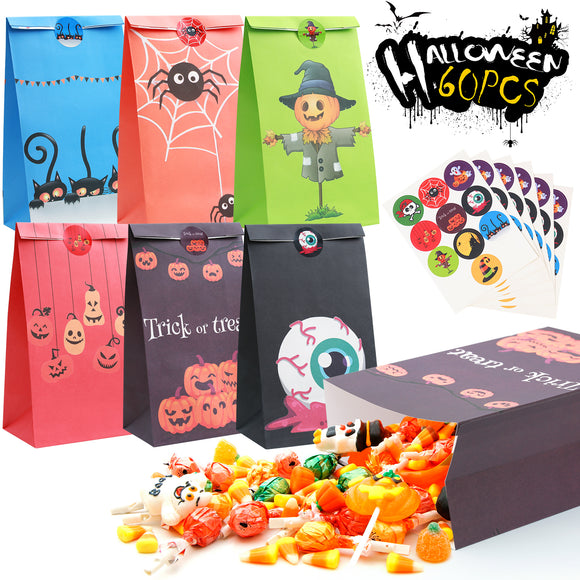 XIFEINIU 60 PCS Halloween Treat Bags, 6 Assorted Designs Paper Trick or Treat Candy Bags Goodie Bags for Kids, 8.7