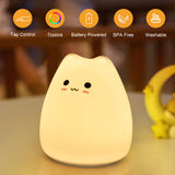 XIFEINIU LED Cat Night Light for Kids, Cute Nursery Color Changing Kids Night Light with Tap Control, Battery Powered Portable Squishy Silicone Soft Cat Lamp for Baby Girls Boys Toddler Children Bedroom (Cute)