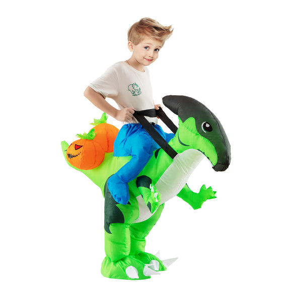 XIFEINIU Halloween Inflatable Dinosaur Costume for Kids, Dino Inflatable Costume with Pumpkins for Bogys Girls, Riding a Dinosaur Blow up Costume for Halloween Party Dress up