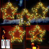 XIFEINIU Christmas Window Star Lights Set of 5, Pine Needle Hang Star Lights with 8 Lighting Modes and Timer, Battery Operated Waterproof Christmas Decorations for Indoor Outdoor Garden Patio Porch